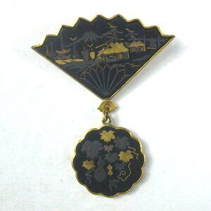 Vintage Damascene Fan Brooch Dangling Floral Charm Japan Statement  Mt Fuji
